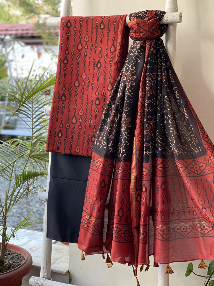 Image of MAROON-BLACK HAND BLOCK PRINT CHANDERI SILK &amp; COTTON DUPATTA SET