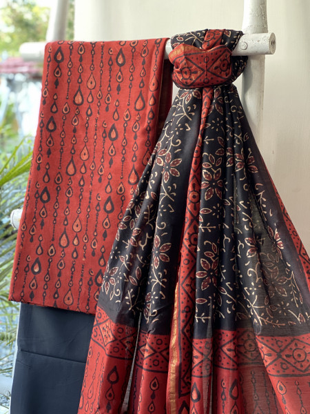 MAROON-BLACK HAND BLOCK PRINT CHANDERI SILK & COTTON DUPATTA SET