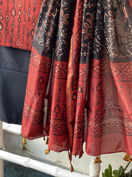 MAROON-BLACK HAND BLOCK PRINT CHANDERI SILK & COTTON DUPATTA SET