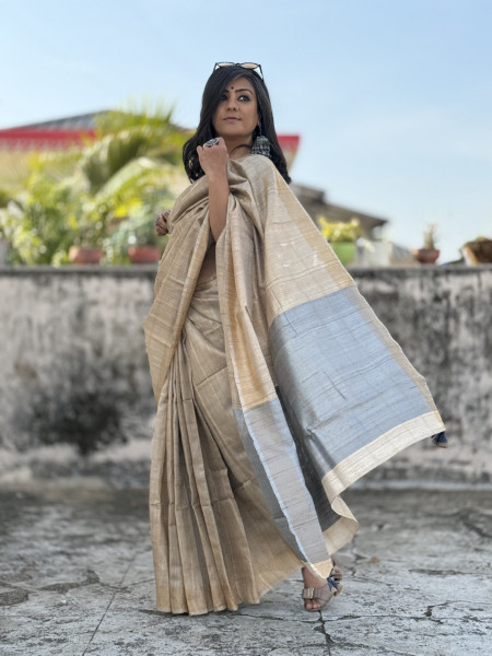 BEIGE-GREY HAND WOVEN TUSSAR SILK SARI