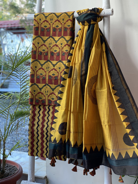 MUSTARD HAND BLOCK PRINT CHANDERI SILK & COTTON DUPATTA SET