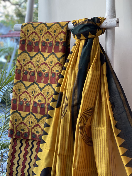 MUSTARD HAND BLOCK PRINT CHANDERI SILK & COTTON DUPATTA SET