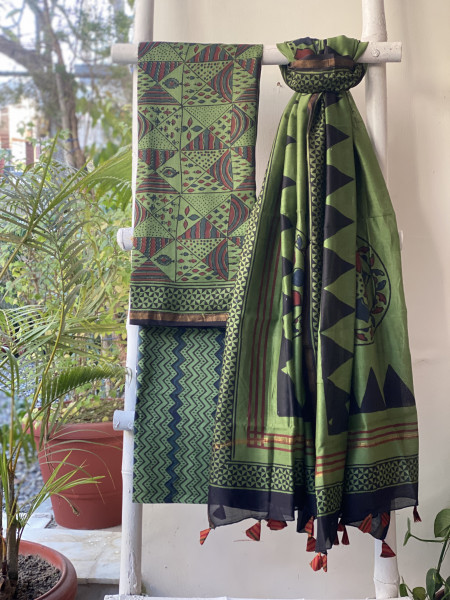 GREEN HAND BLOCK PRINT CHANDERI SILK & COTTON DUPATTA SET