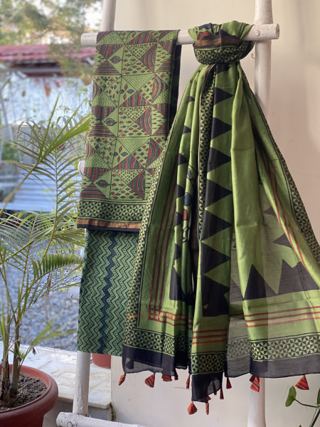 GREEN HAND BLOCK PRINT CHANDERI SILK & COTTON DUPATTA SET