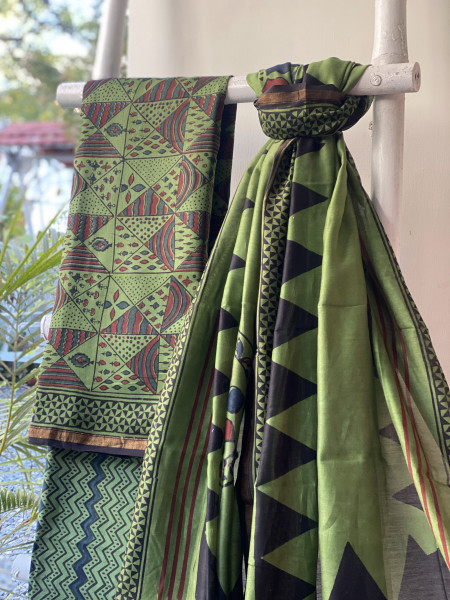 GREEN HAND BLOCK PRINT CHANDERI SILK & COTTON DUPATTA SET
