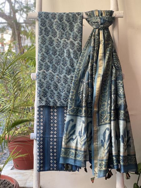 INDIGO HAND BLOCK PRINT CHANDERI SILK & COTTON DUPATTA SET