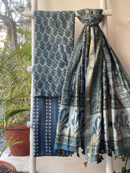 INDIGO HAND BLOCK PRINT CHANDERI SILK & COTTON DUPATTA SET