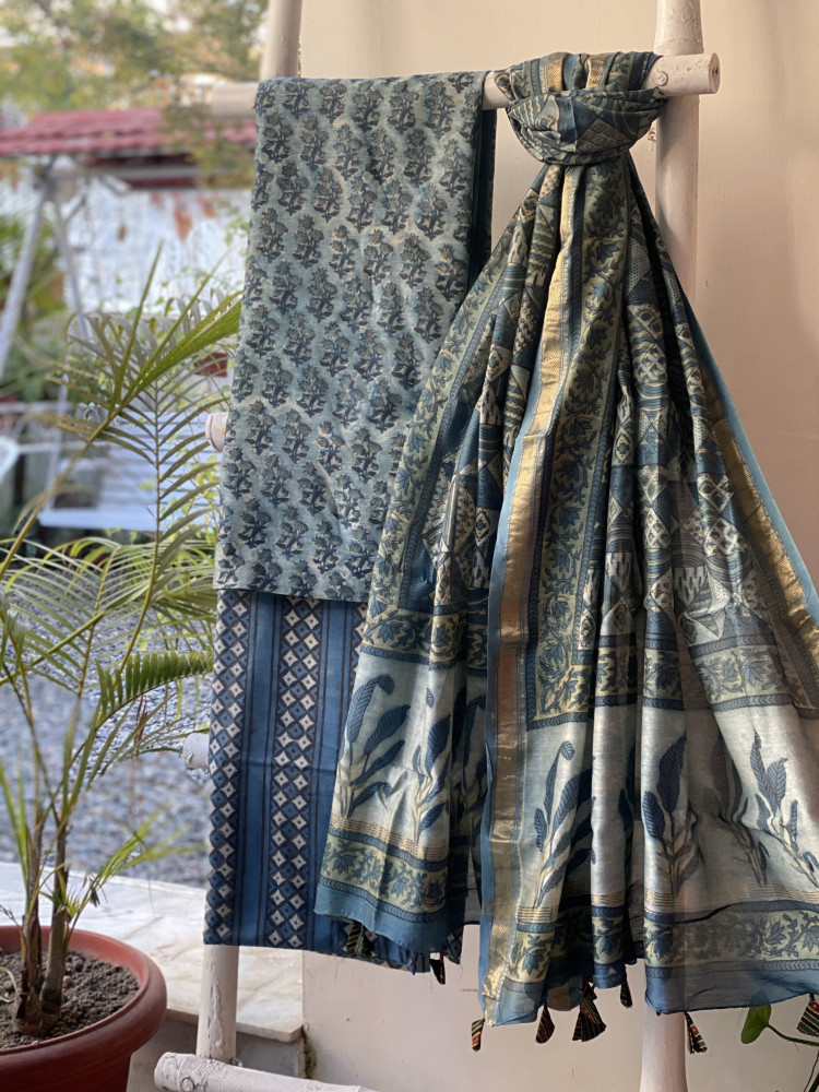 Image of INDIGO HAND BLOCK PRINT CHANDERI SILK &amp; COTTON DUPATTA SET