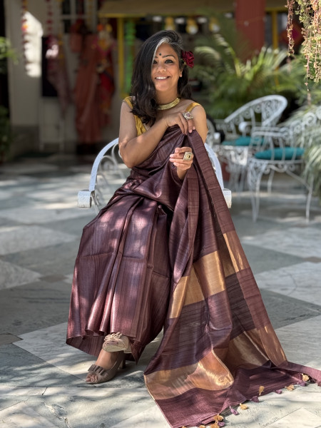 BROWN KOSA SILK WOVEN ZARI SARI