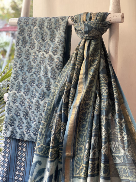INDIGO HAND BLOCK PRINT CHANDERI SILK & COTTON DUPATTA SET