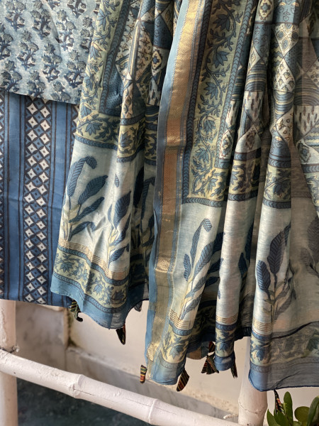 INDIGO HAND BLOCK PRINT CHANDERI SILK & COTTON DUPATTA SET