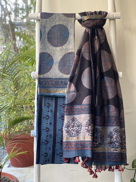 INDIGO HAND BLOCK PRINT CHANDERI SILK & COTTON DUPATTA SET