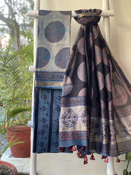 INDIGO HAND BLOCK PRINT CHANDERI SILK & COTTON DUPATTA SET