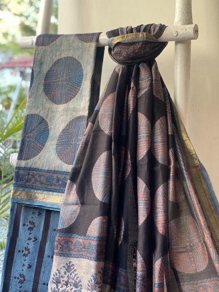 INDIGO HAND BLOCK PRINT CHANDERI SILK & COTTON DUPATTA SET