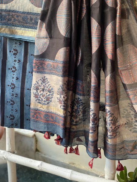 INDIGO HAND BLOCK PRINT CHANDERI SILK & COTTON DUPATTA SET