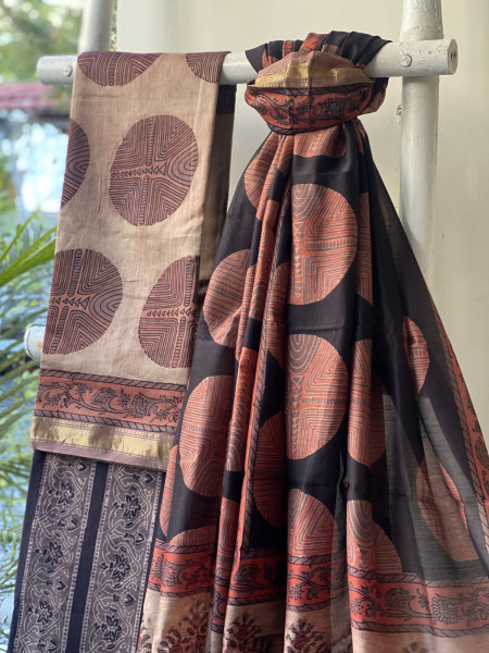 SALMON-BLACK HAND BLOCK PRINT CHANDERI SILK & COTTON DUPATTA SET