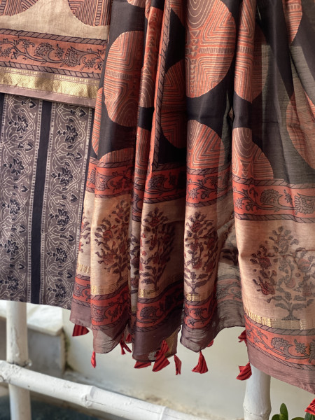 SALMON-BLACK HAND BLOCK PRINT CHANDERI SILK & COTTON DUPATTA SET