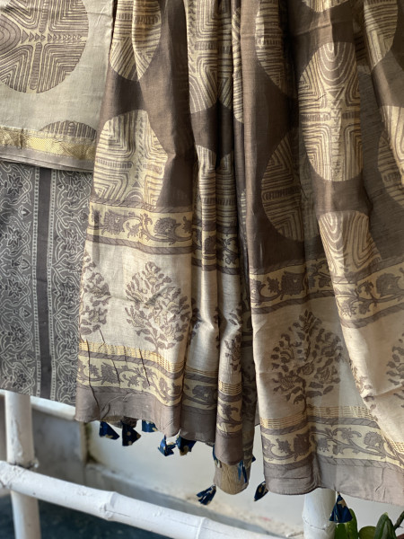 GREY HAND BLOCK PRINT CHANDERI SILK & COTTON DUPATTA SET