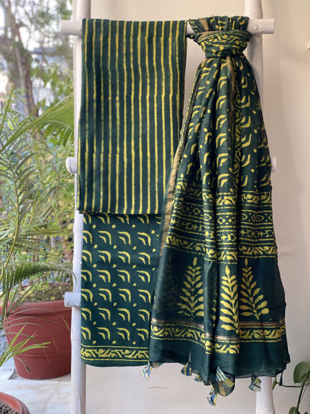 GREEN HAND BLOCK PRINT CHANDERI SILK & COTTON DUPATTA SET