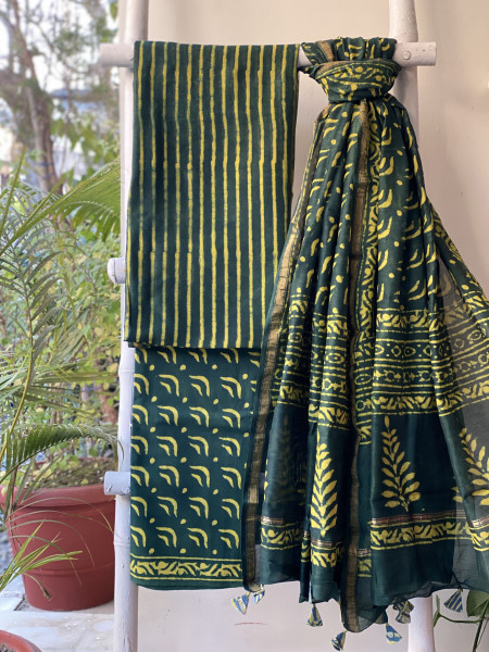 GREEN HAND BLOCK PRINT CHANDERI SILK & COTTON DUPATTA SET