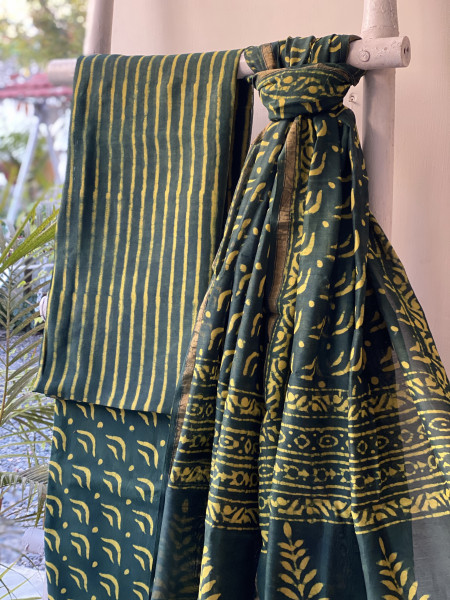 GREEN HAND BLOCK PRINT CHANDERI SILK & COTTON DUPATTA SET