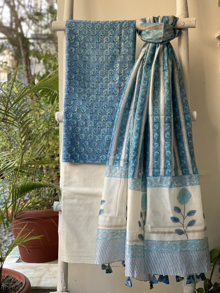 BLUE HAND BLOCK PRINT CHANDERI SILK & COTTON DUPATTA SET