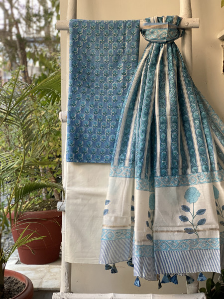 BLUE HAND BLOCK PRINT CHANDERI SILK & COTTON DUPATTA SET