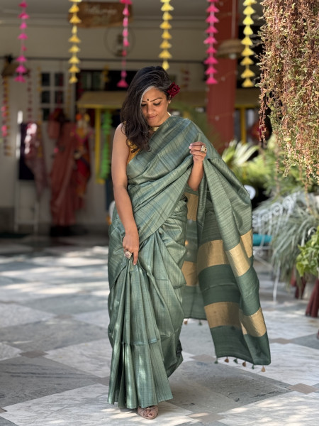 SAGE GREEN DESI TUSSAR SILK WOVEN ZARI SARI