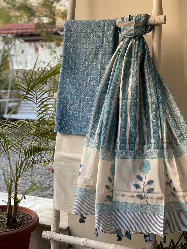Image of BLUE HAND BLOCK PRINT CHANDERI SILK &amp; COTTON DUPATTA SET