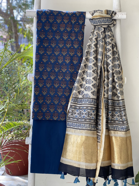 INDIGO-BEIGE COTTON CHANDERI DUPATTA SET