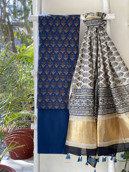 INDIGO-BEIGE COTTON CHANDERI DUPATTA SET