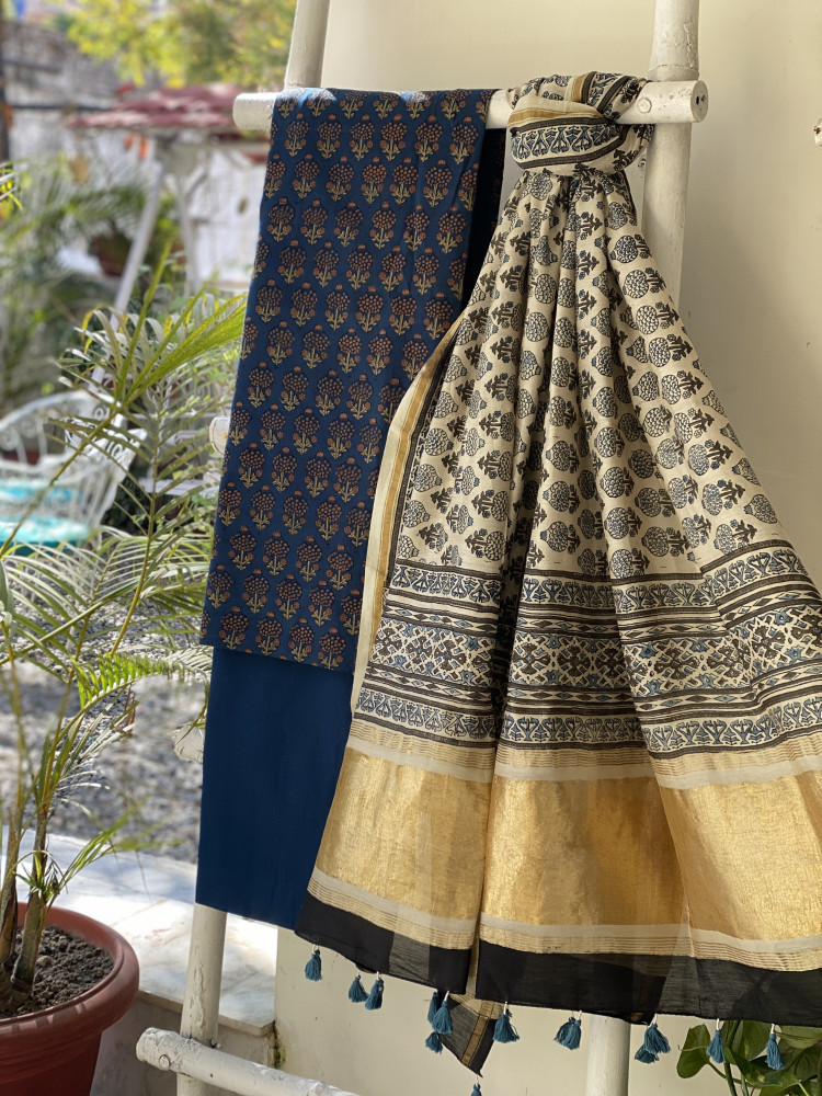 Image of INDIGO-BEIGE COTTON CHANDERI DUPATTA SET
