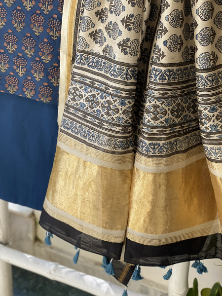 INDIGO-BEIGE COTTON CHANDERI DUPATTA SET