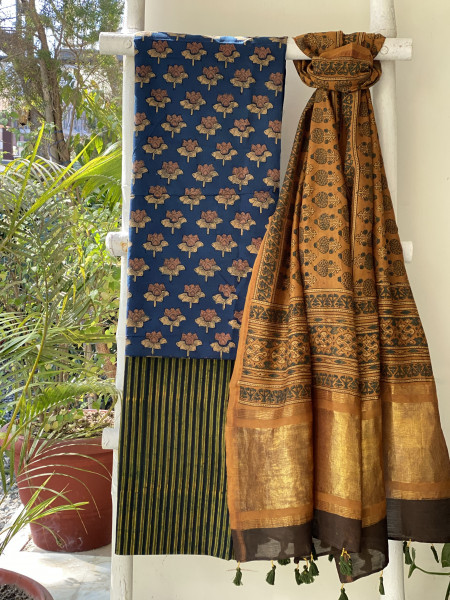 INDIGO-MUSTARD COTTON CHANDERI DUPATTA SET