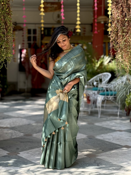 SAGE GREEN DESI TUSSAR SILK WOVEN ZARI SARI