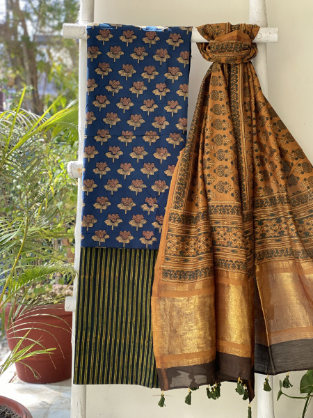 INDIGO-MUSTARD COTTON CHANDERI DUPATTA SET