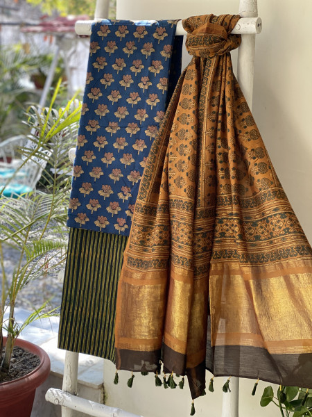 INDIGO-MUSTARD COTTON CHANDERI DUPATTA SET