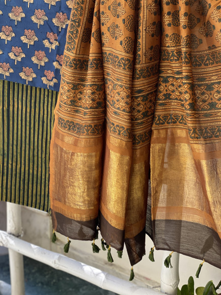 INDIGO-MUSTARD COTTON CHANDERI DUPATTA SET