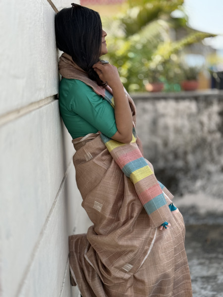 CARAMEL HAND WOVEN TUSSAR SILK SARI