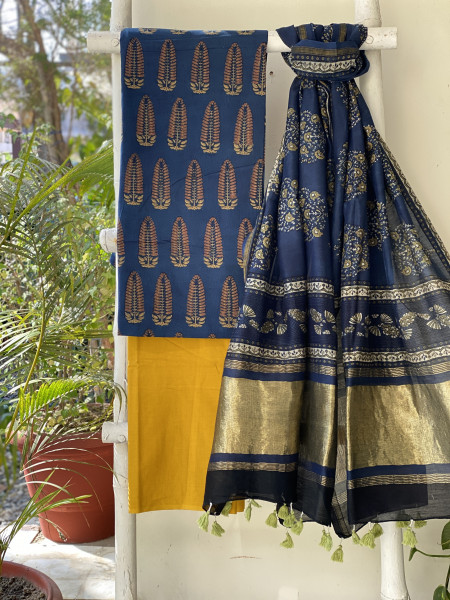 INDIGO-MUSTARD COTTON CHANDERI DUPATTA SET