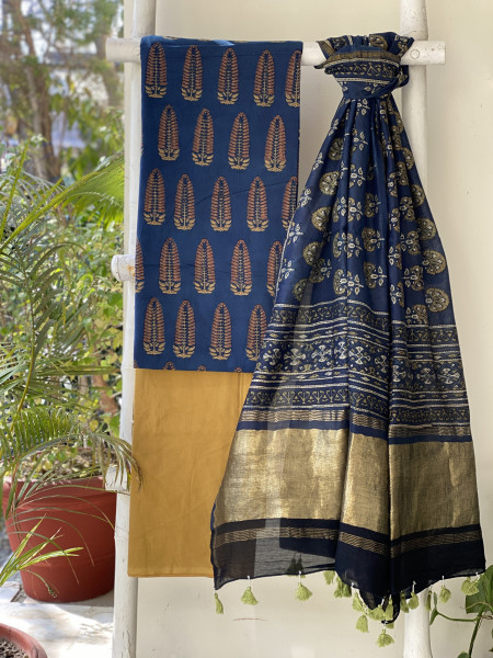 INDIGO-MUSTARD COTTON CHANDERI DUPATTA SET