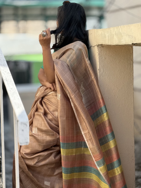 CARAMEL HAND WOVEN TUSSAR SILK SARI