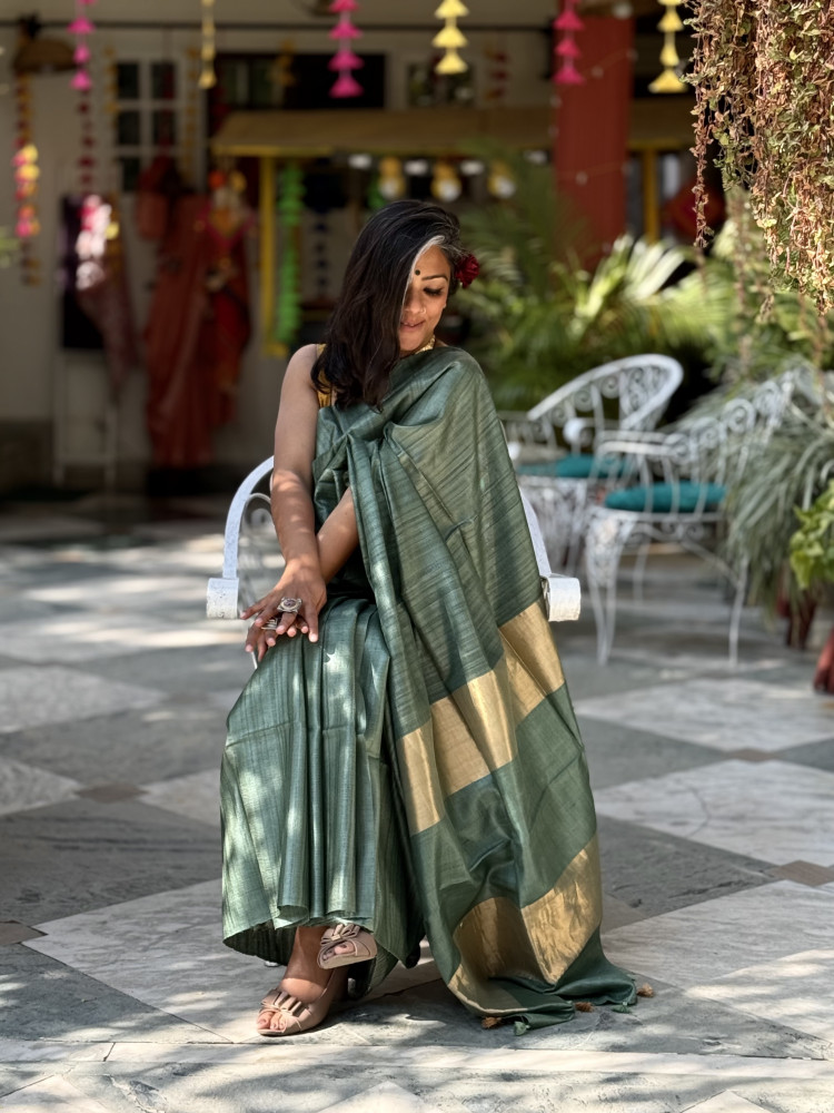 Image of SAGE GREEN DESI TUSSAR SILK WOVEN ZARI SARI