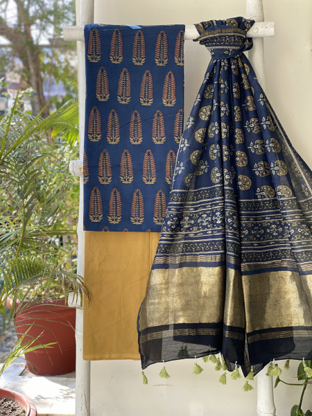 INDIGO-MUSTARD COTTON CHANDERI DUPATTA SET