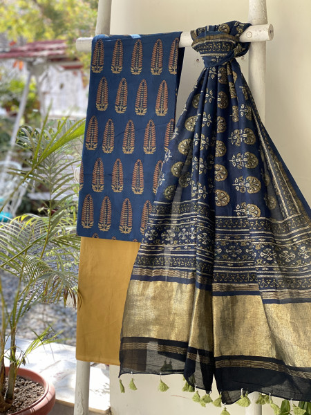INDIGO-MUSTARD COTTON CHANDERI DUPATTA SET