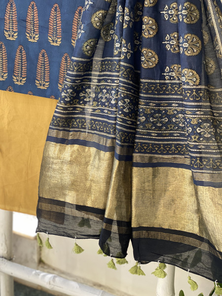 INDIGO-MUSTARD COTTON CHANDERI DUPATTA SET