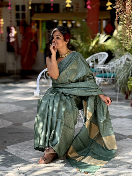 SAGE GREEN DESI TUSSAR SILK WOVEN ZARI SARI
