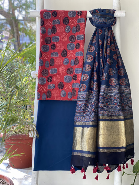 MAROON-INDIGO COTTON CHANDERI DUPATTA SET