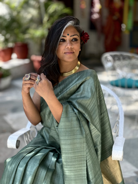 SAGE GREEN DESI TUSSAR SILK WOVEN ZARI SARI