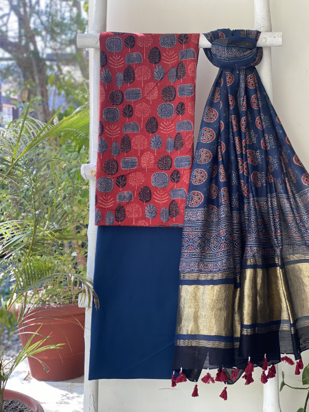 MAROON-INDIGO COTTON CHANDERI DUPATTA SET